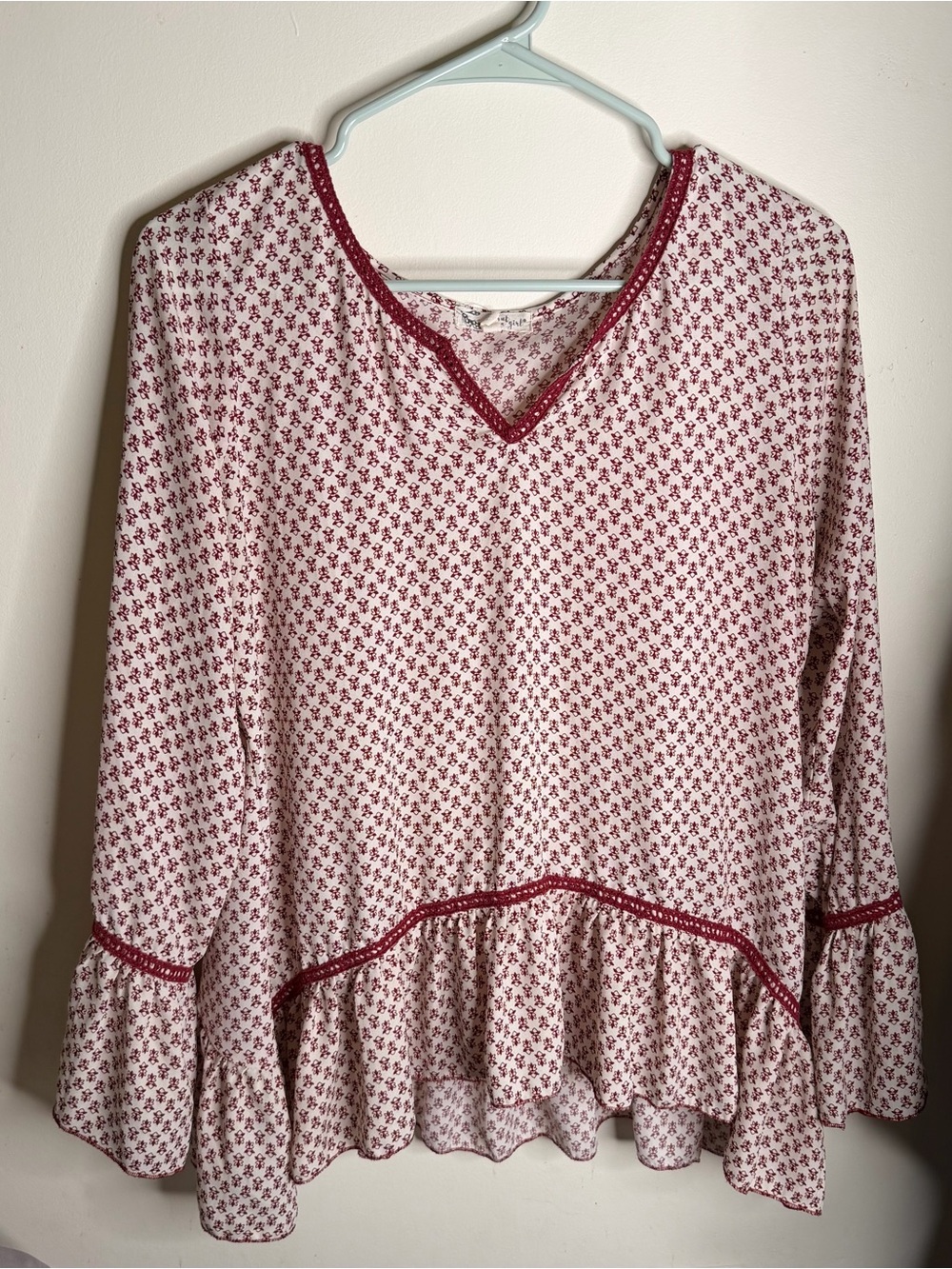 About A Girl top with Red Floral Print and Maroon Trim